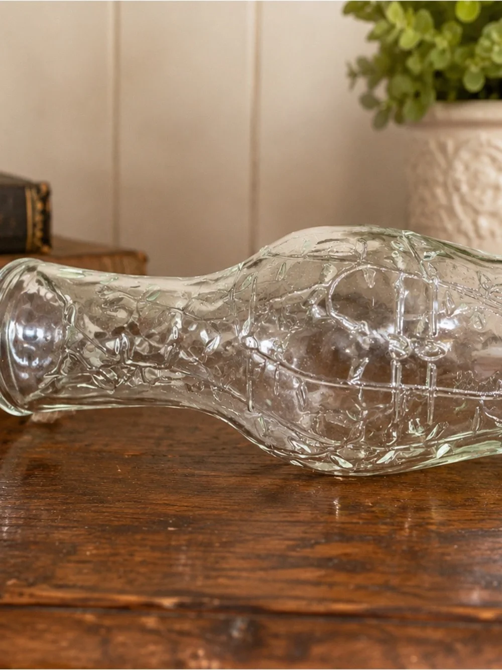 Vintage Good Seasons Clear Glass Salad Dressing Cruet Vine Leaf Embossed Bottle
